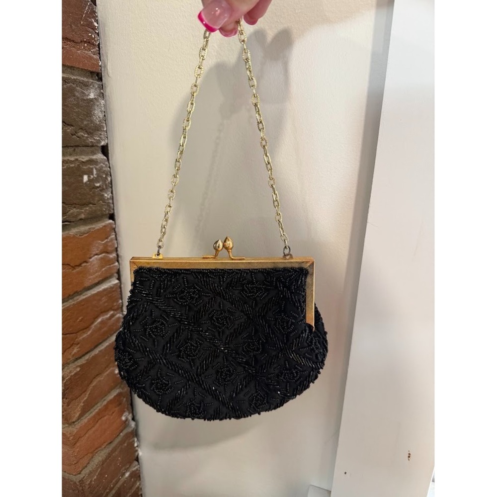1950s MCM Black Walborg Hand Beaded Art Deco Evening Bag Kiss Lock Clutch VTG